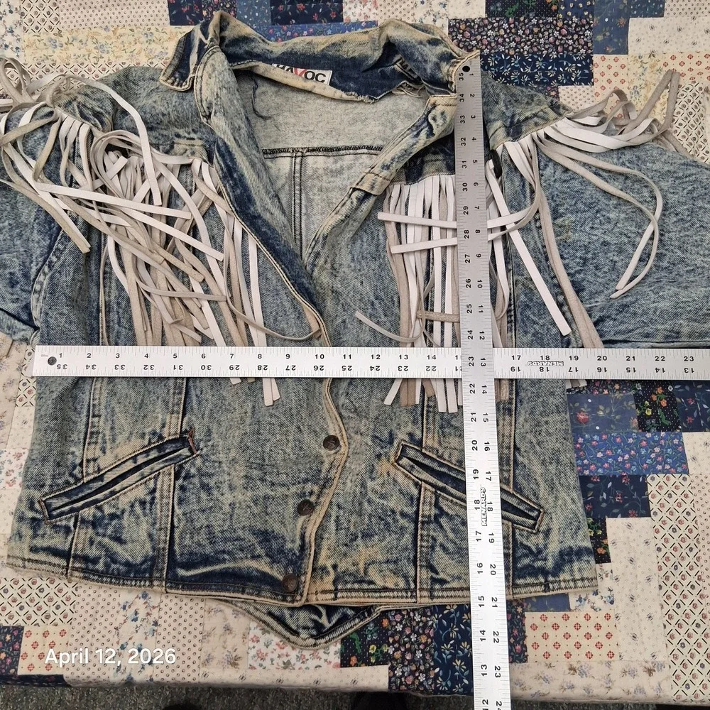 Vintage HAVOC Western Fringe Acid Wash Denim Jacket Womens Size Large 80s BOHO - Picture 9 of 11